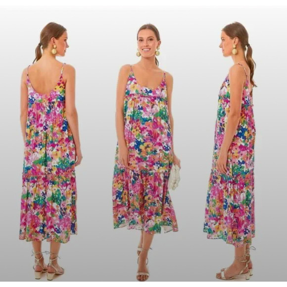 Tuckernuck Dresses & Skirts - Tuckernuck Dress Small Meade Midi Floral Colorful Sleeveless Ruffles Pockets
